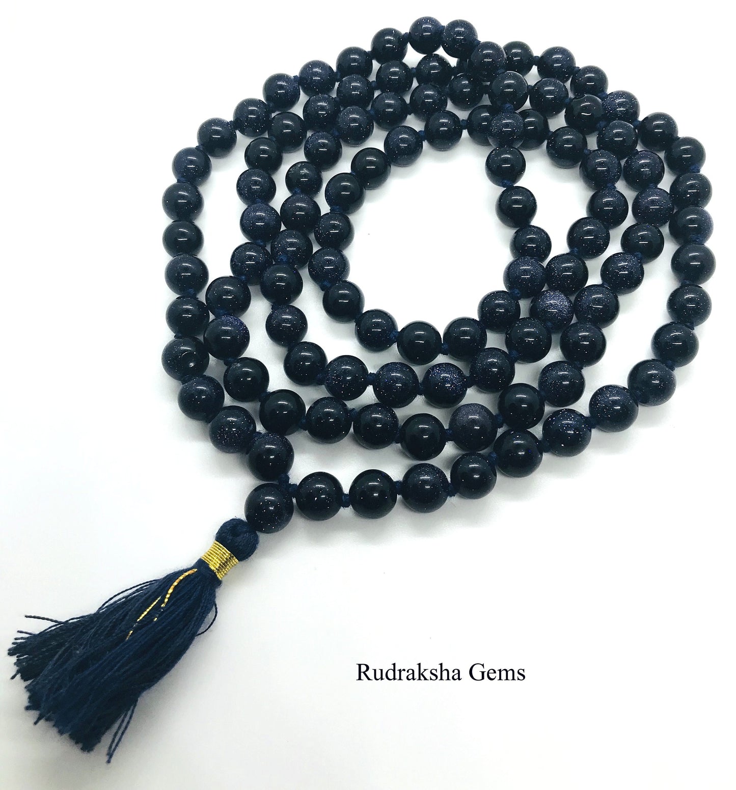 Galaxy Star Blue Sand Stone - Gold Stone Japa Mala Beads - Yoga Rosary Meditation 108 BEADS - Worry Beads - 8 MM knotted Mala - HANDMADE