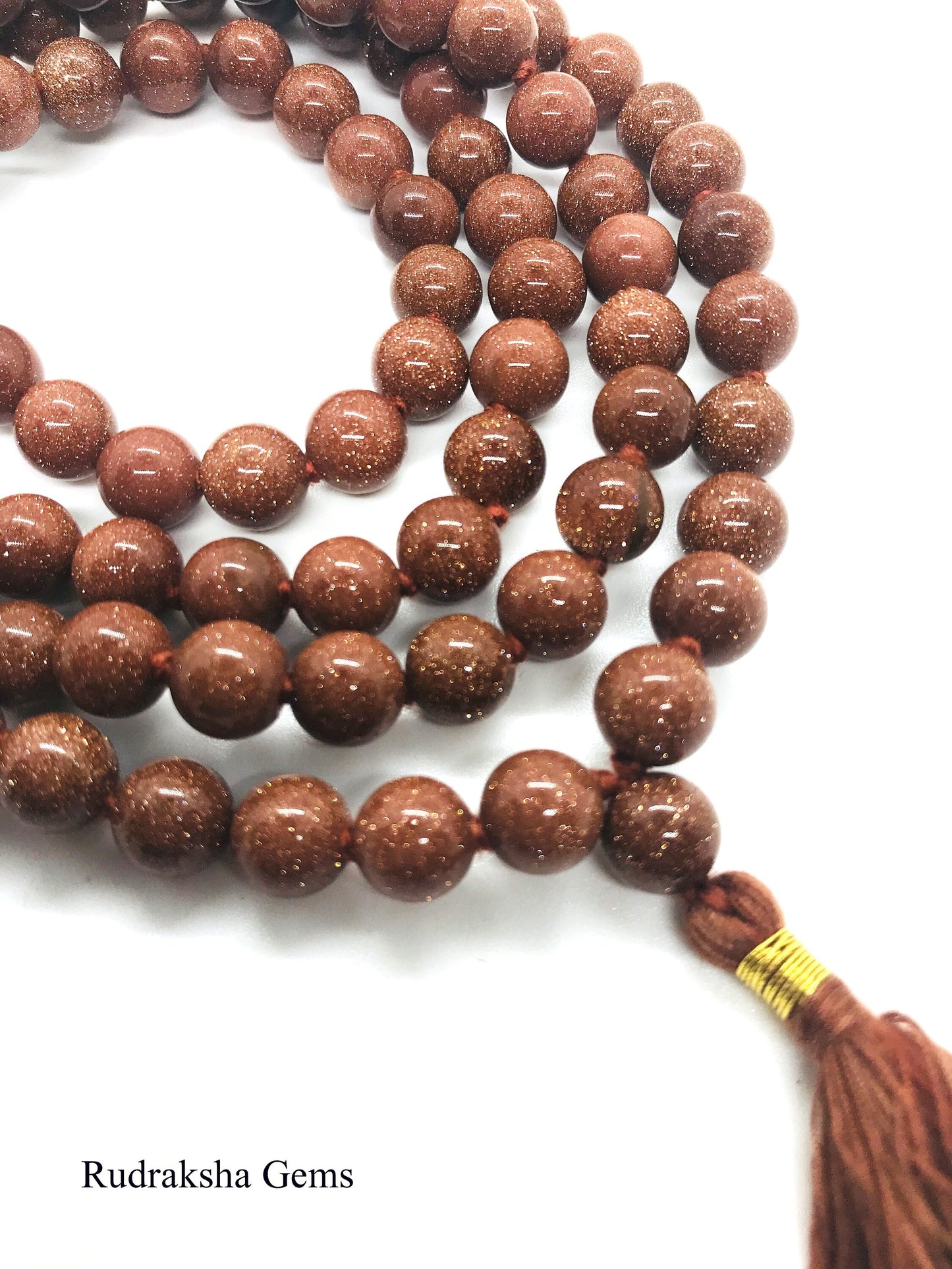 Sunstone 108 beads mala- Sparliing Gold Stone Obsidian Japa Mala Beads - Yoga Rosary Meditation 108 BEADS - Reiki beads - 8 MM knotted Mala