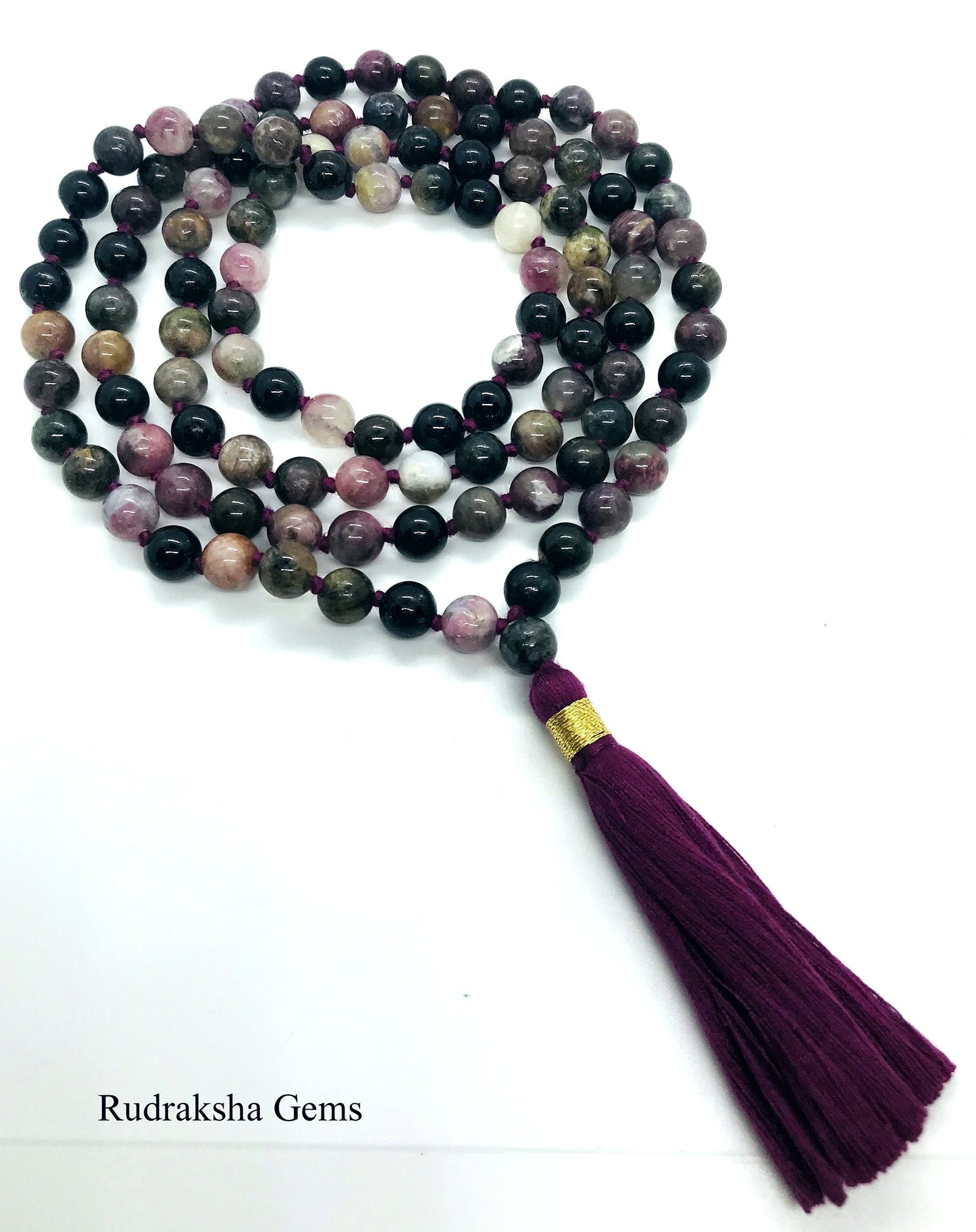 Tourmaline Mala, Premium Quality beads, 108 hand knotted Yoga Mala. 7 mm multi color Tourmaline beads, handmade cotton tassel. Vegan Mala