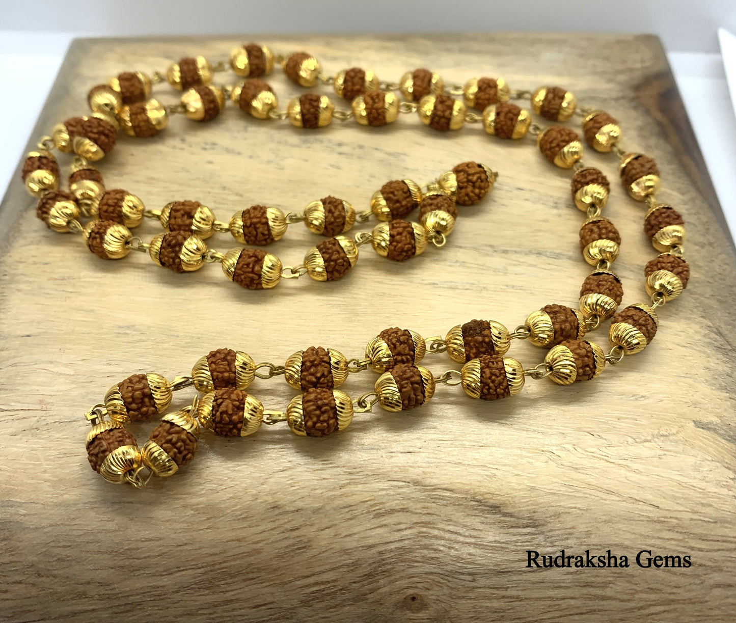 Rudraksha Mala Necklace - Rudraksh Mala- 54 beads Golden cap wire wrapped Mala- Rudraksha Divine beads - 7 mm Rudraksha beads, Mala Necklace