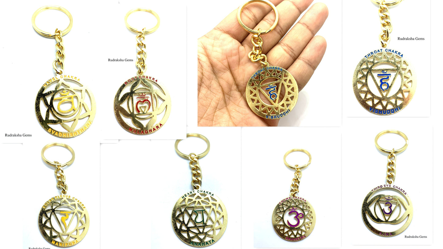 7 CHAKRA Key ring Yoga Healing Symbols Golden metal Keyring Bag Charm  - Crown, Third Eye, Throat, Heart, Solar Plexus, Sacral, Root Chakra