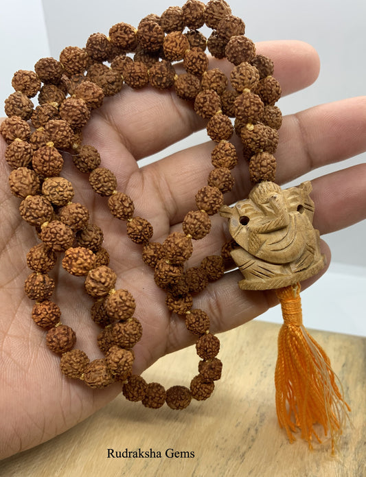 Ganesha Rudraksha Necklace,108 beads,8mm Natural Rudraksha Seed Beads, Ganesh Necklace, Rudraksha Necklace, Prayer, Mala, Wooden Pendant