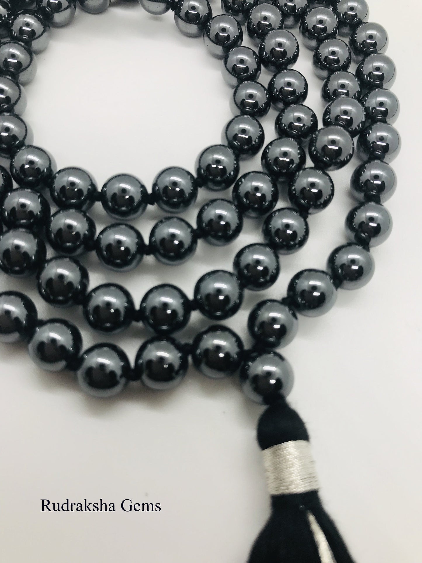 Hematite Japa Mala 108 + 1 Beads For Courage Confidence, Reiki, Hematite mala, tassel mala, knotted mala with tassel
