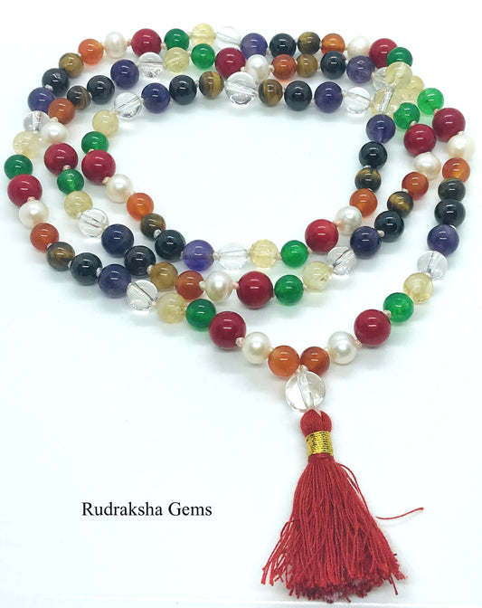 PLANETARY MALA / Hand Knotted 108 Navratan 9 Planets Handmade Chakra Mala Beads Necklace -Blessed Yoga Japa Meditation 7 mm Prayer Beads