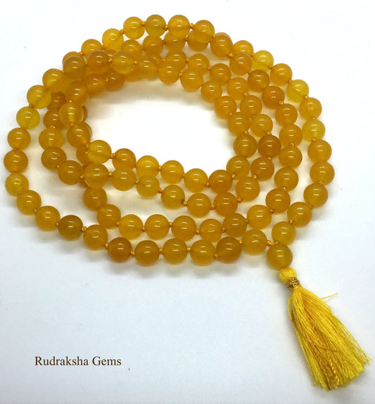 Yellow Jade Hand Knotted Yoga Mala Beads Necklace - Enegised Solar Plexus, Meditation 8mm 108 Prayer Beads For Awakening Chakra Kundalini