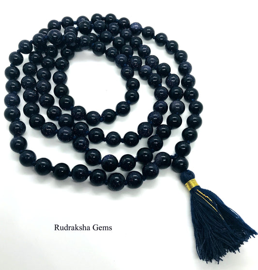 Galaxy Star Blue Sand Stone - Gold Stone Japa Mala Beads - Yoga Rosary Meditation 108 BEADS - Worry Beads - 8 MM knotted Mala - HANDMADE