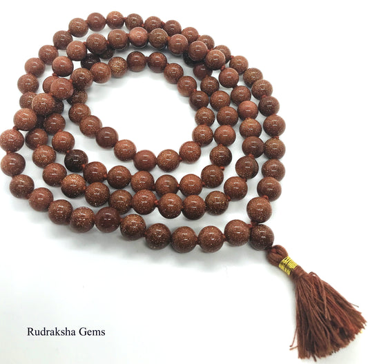 Sunstone 108 beads mala- Sparliing Gold Stone Obsidian Japa Mala Beads - Yoga Rosary Meditation 108 BEADS - Reiki beads - 8 MM knotted Mala