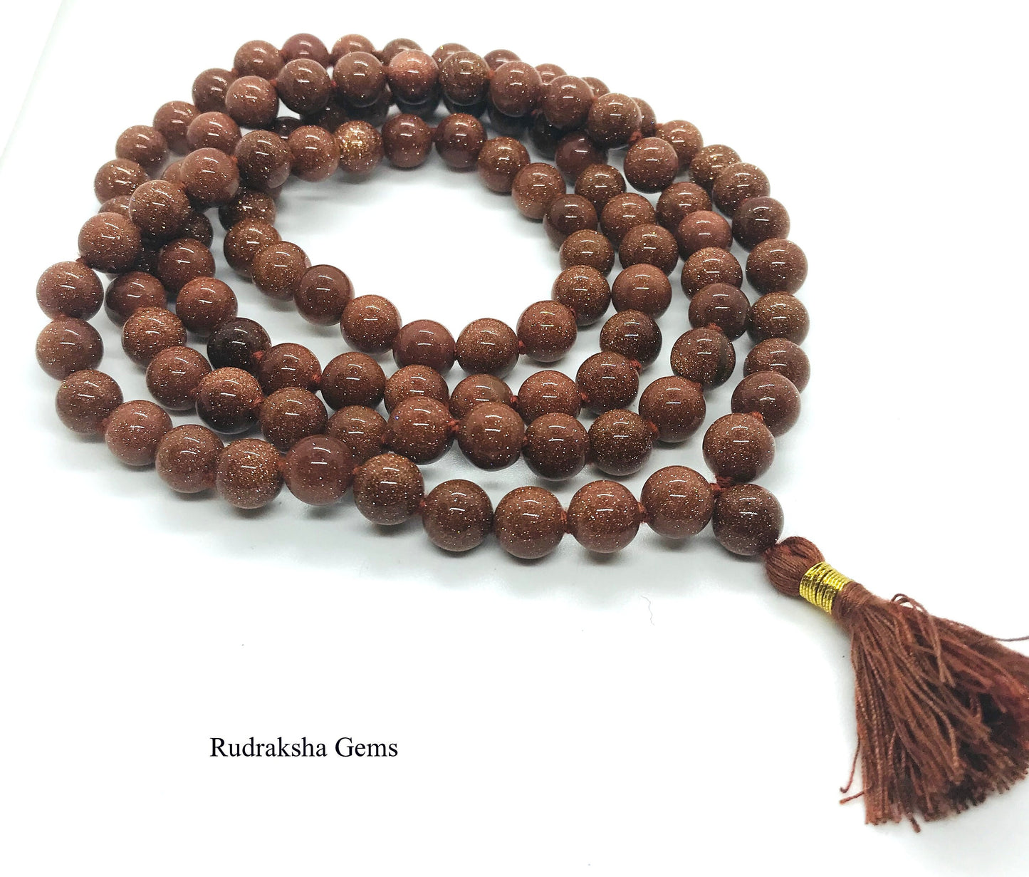 Sunstone 108 beads mala- Sparliing Gold Stone Obsidian Japa Mala Beads - Yoga Rosary Meditation 108 BEADS - Reiki beads - 8 MM knotted Mala