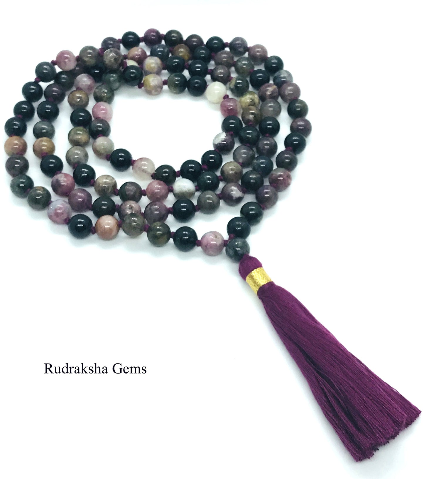 Tourmaline Mala, Premium Quality beads, 108 hand knotted Yoga Mala. 7 mm multi color Tourmaline beads, handmade cotton tassel. Vegan Mala