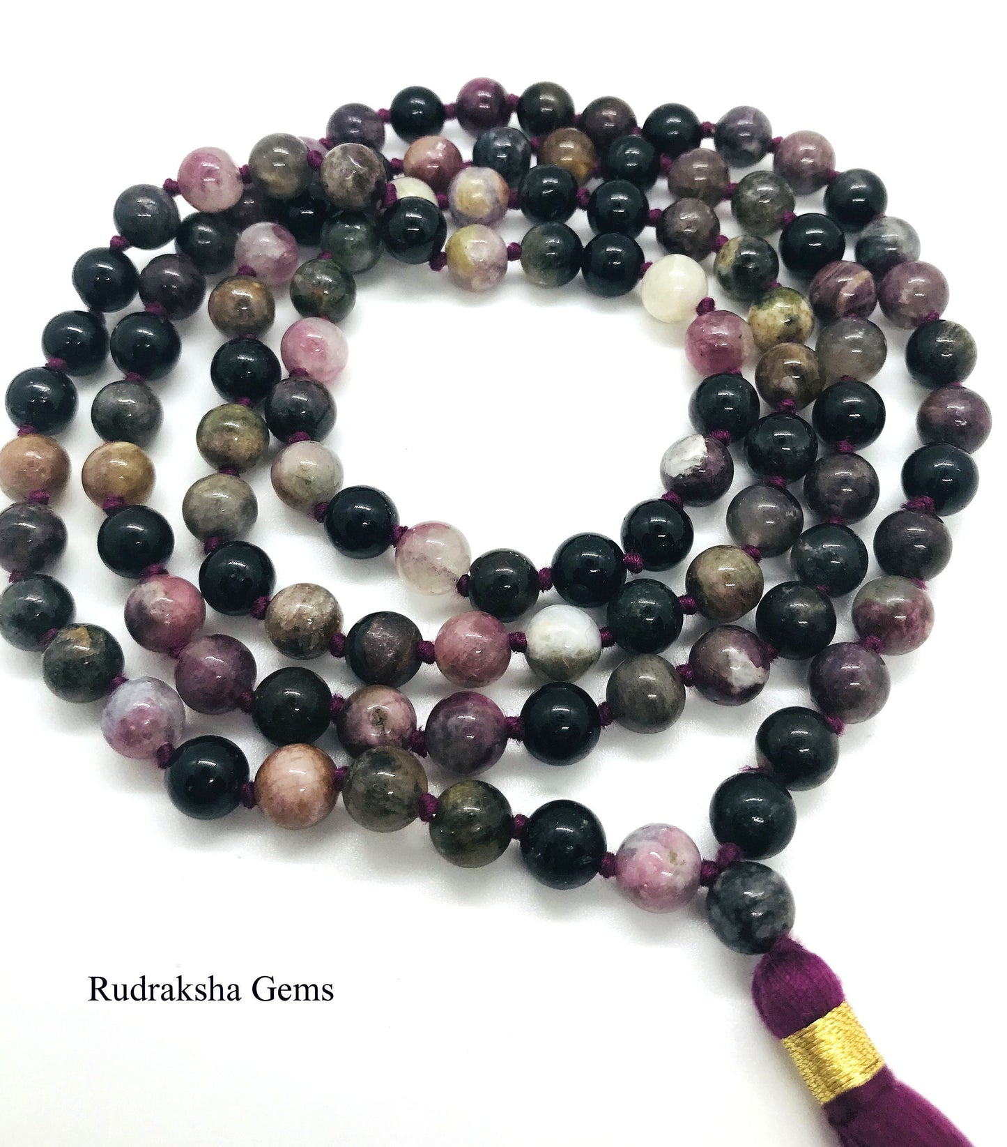 Tourmaline Mala, Premium Quality beads, 108 hand knotted Yoga Mala. 7 mm multi color Tourmaline beads, handmade cotton tassel. Vegan Mala