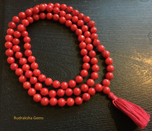 Hand Knotted Mala/ Red Coral Mala Necklace with Tassel /Natural Red Coral Mala/ 7mm 108 beads mala/  yoga meditation mala/ Root Chakra Mala