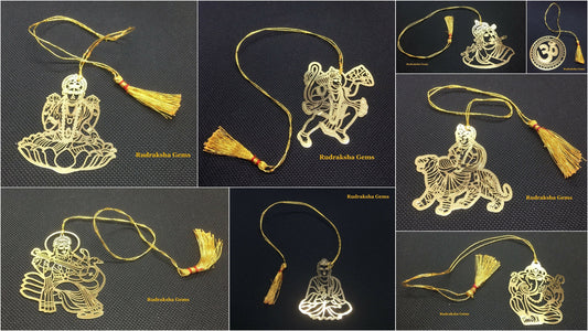 Gold Plated bookmark with Zari Tassel, Car Hanging, Gift, Hindu God, OM KHANDA Laxmi Ganesha Durga Kali Krishna Buddha Hanumana Sarawati