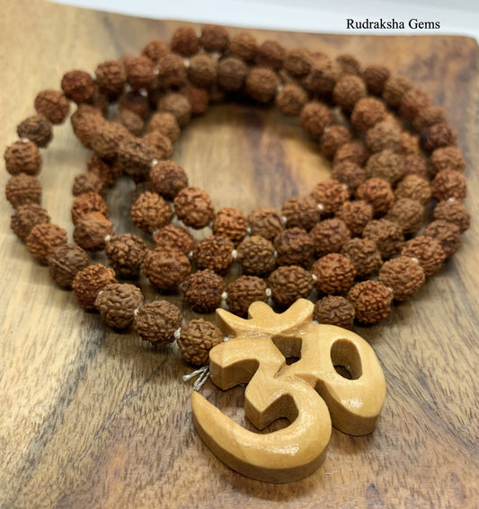 Om Rudraksha Necklace,108 beads,8mm Natural Rudraksha Seed Beads,Om Aum Pendant Necklace, Rudraksha Necklace, Unisex,Prayer,Mala,Meditation