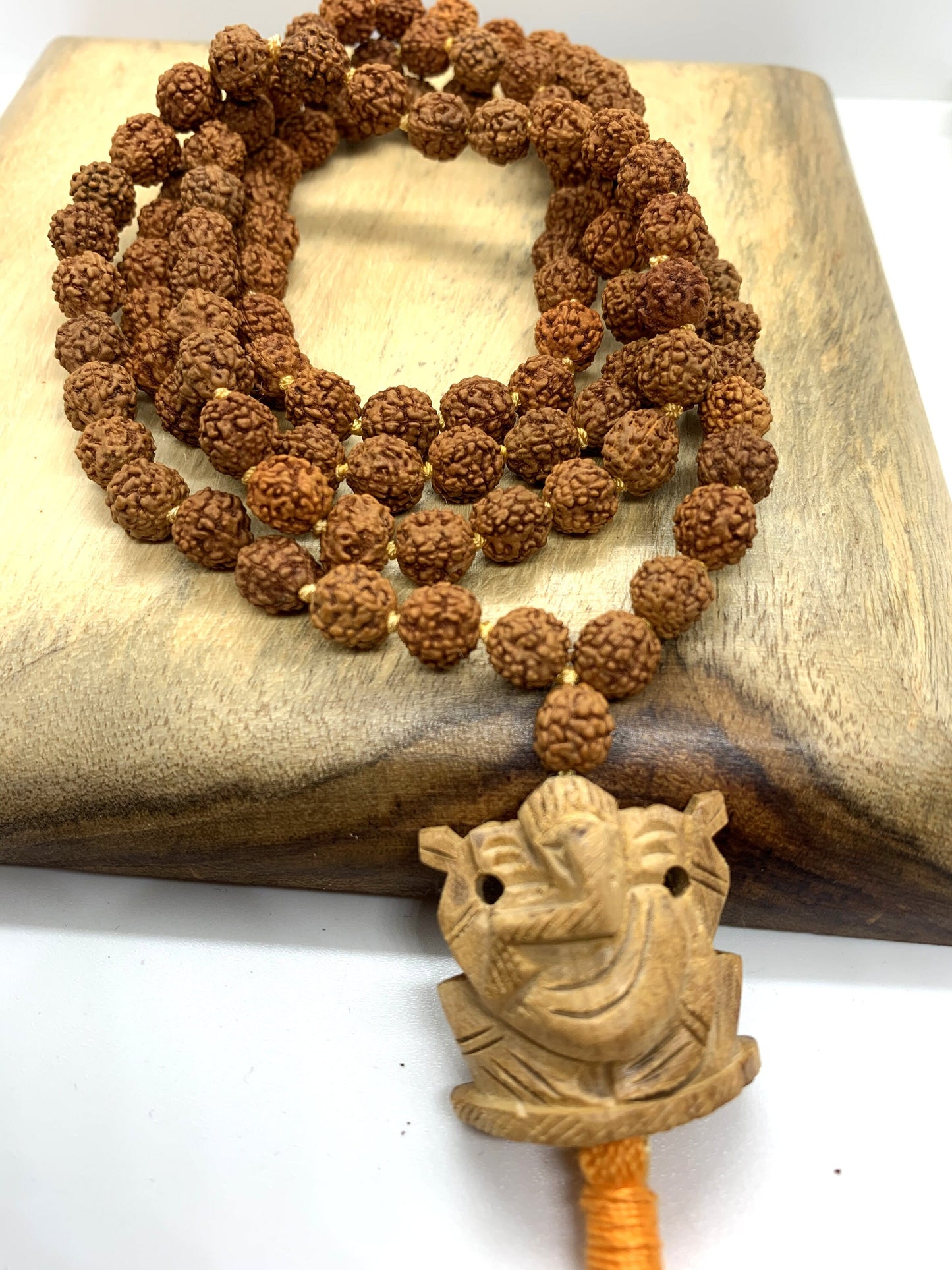 Ganesha Rudraksha Necklace,108 beads,8mm Natural Rudraksha Seed Beads, Ganesh Necklace, Rudraksha Necklace, Prayer, Mala, Wooden Pendant