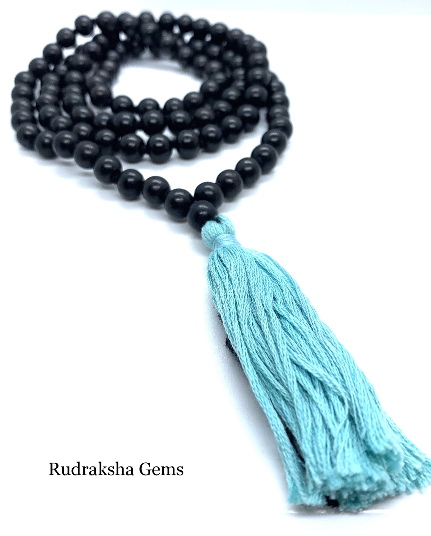 Ebony Wood 108 Knotted Meditation Mala with Turquoise Cotton String Tassel, Elegant Natural Design, Yoga Necklace, Ebony Wood 8mm beads mala