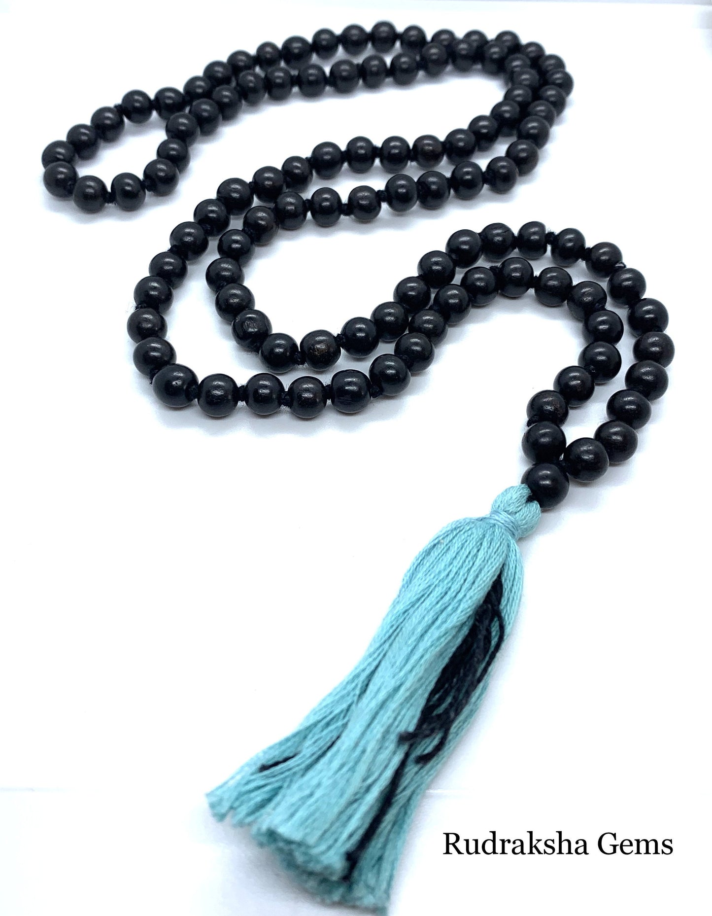 Ebony Wood 108 Knotted Meditation Mala with Turquoise Cotton String Tassel, Elegant Natural Design, Yoga Necklace, Ebony Wood 8mm beads mala