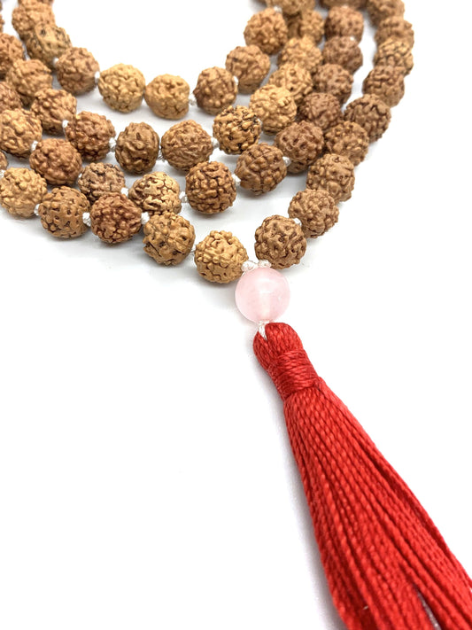 Rudraksha Mala Rose Quartz Mala Hand Knotted Necklace Yoga Necklace Rose quartz Tassel Necklace Yoga gift Buddhist necklace Japa mala