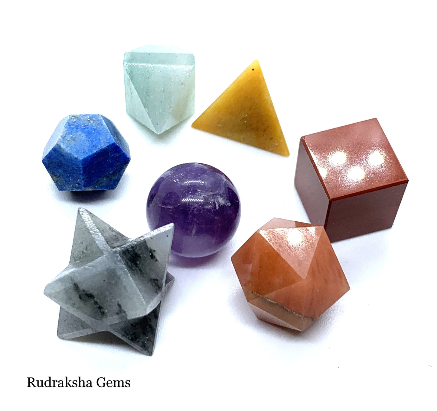 Seven Chakra Crystal Sacred Platonic Geometry Set, Chakra Stone, Merlin Geometry, Set Of 7,  Healing Crystals, Energized multi Stone in Box