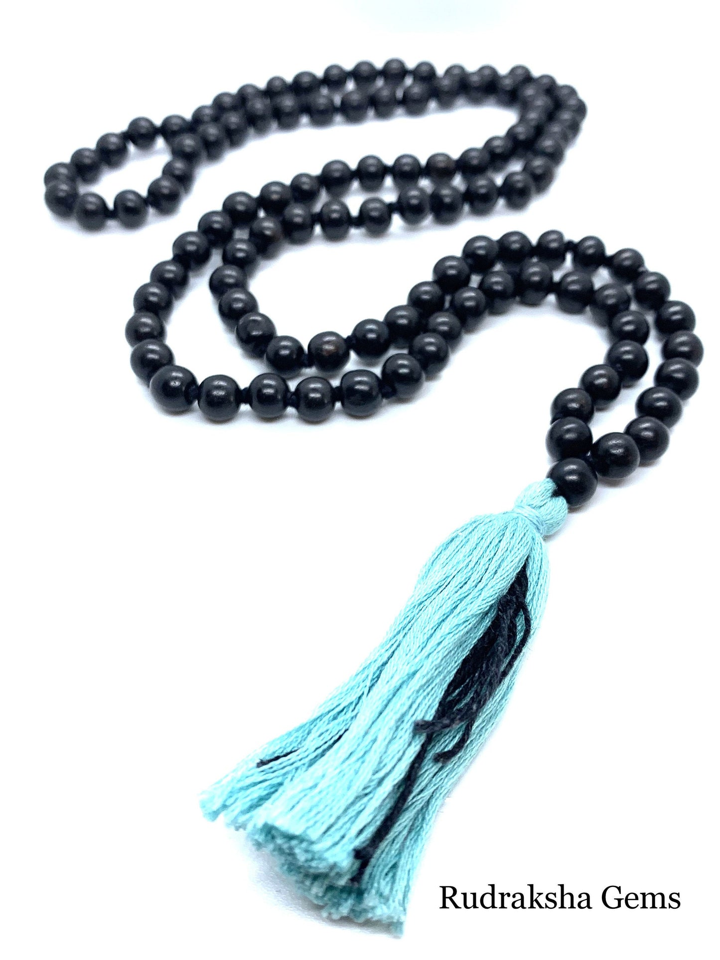 Ebony Wood 108 Knotted Meditation Mala with Turquoise Cotton String Tassel, Elegant Natural Design, Yoga Necklace, Ebony Wood 8mm beads mala