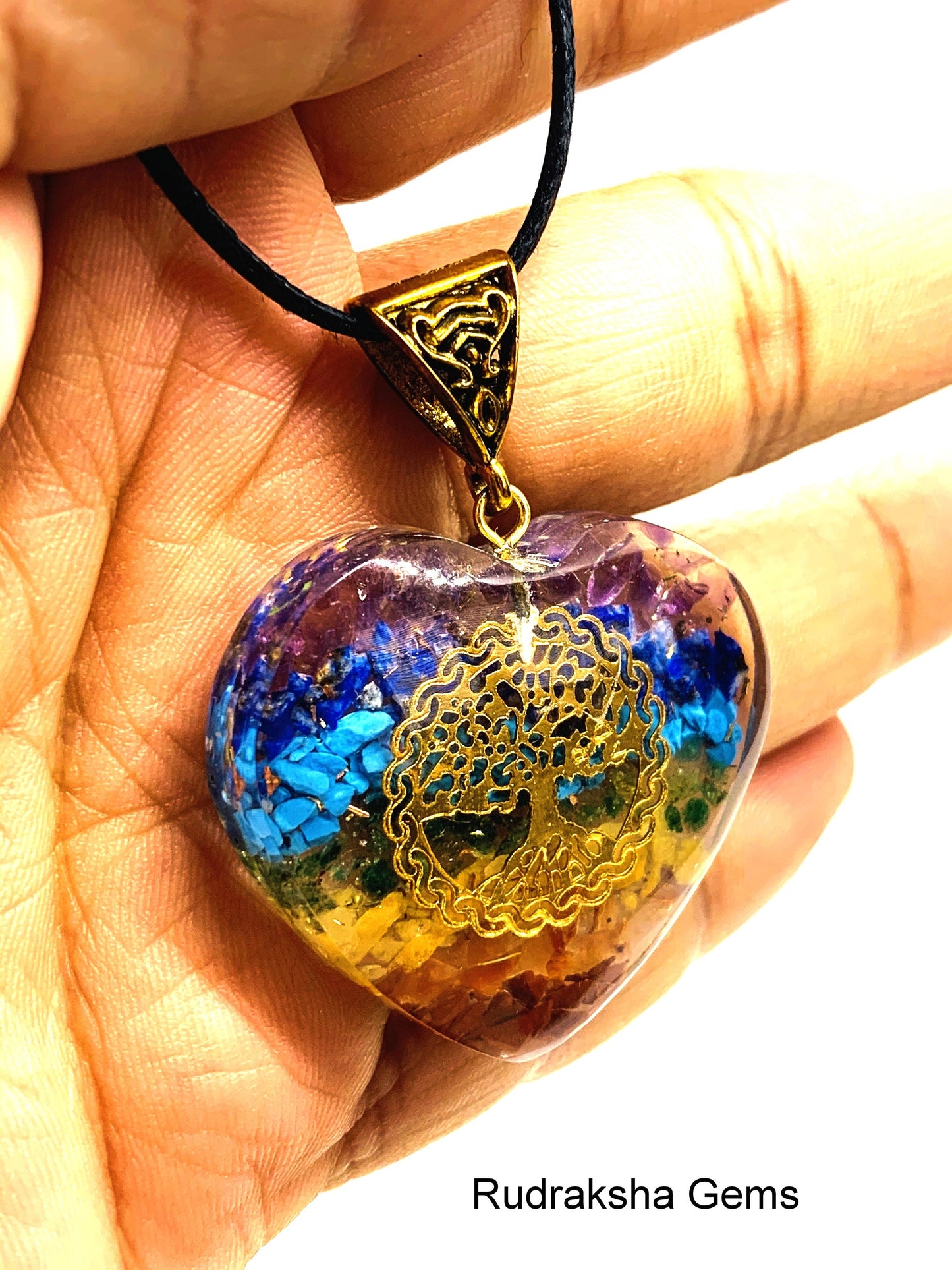 7 Chakra Heart Orgone Pendant Energized Brass Coil Chakra Crystal PENDANT With Black cord, EmF Shield OM Tree of life Flower of Life REIKI