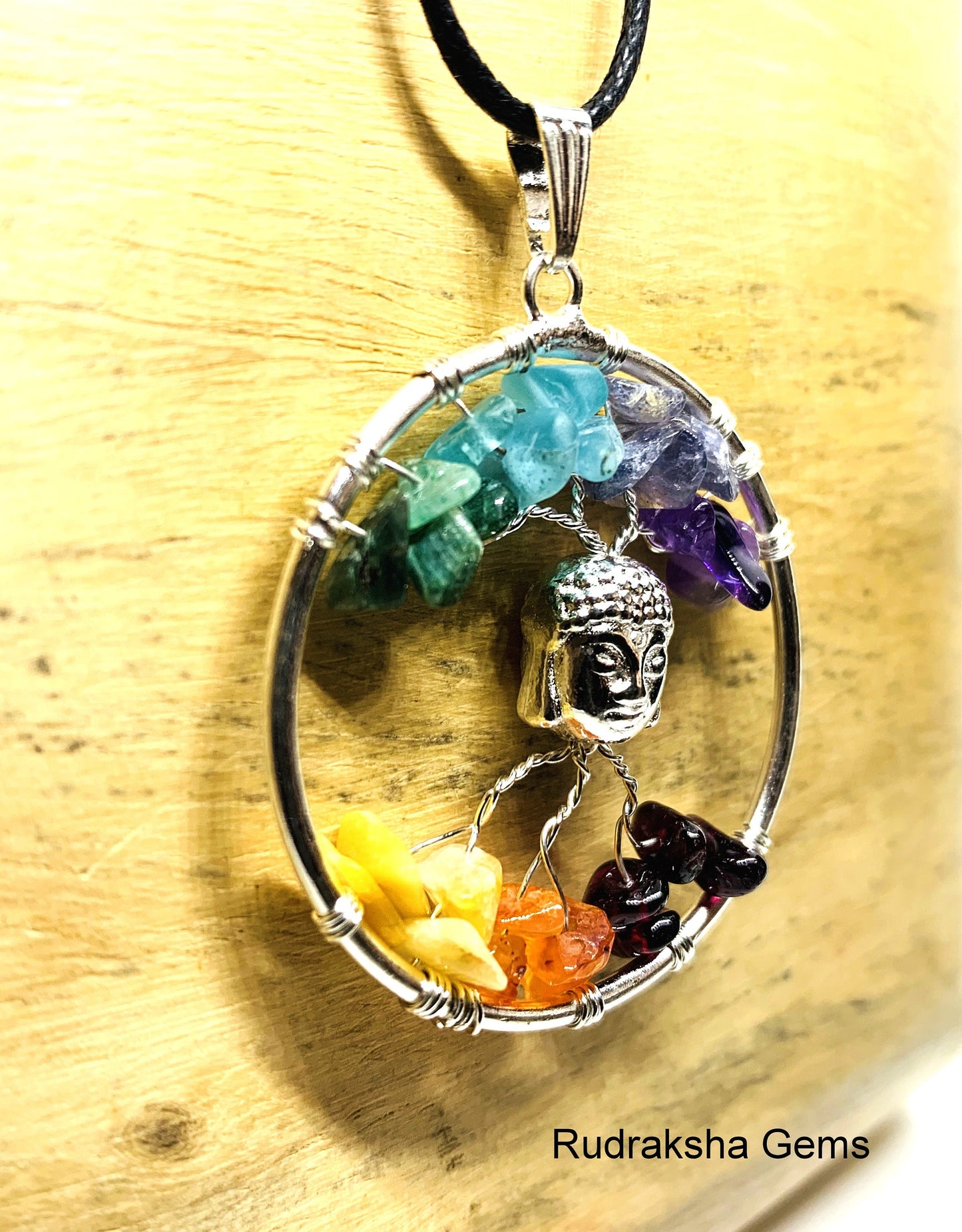 7 Chakra Tree of Life Necklace Pendant Polished Rose Quartz Amethyst Natural Crystal Buddha OM HAMZA F2lower of life