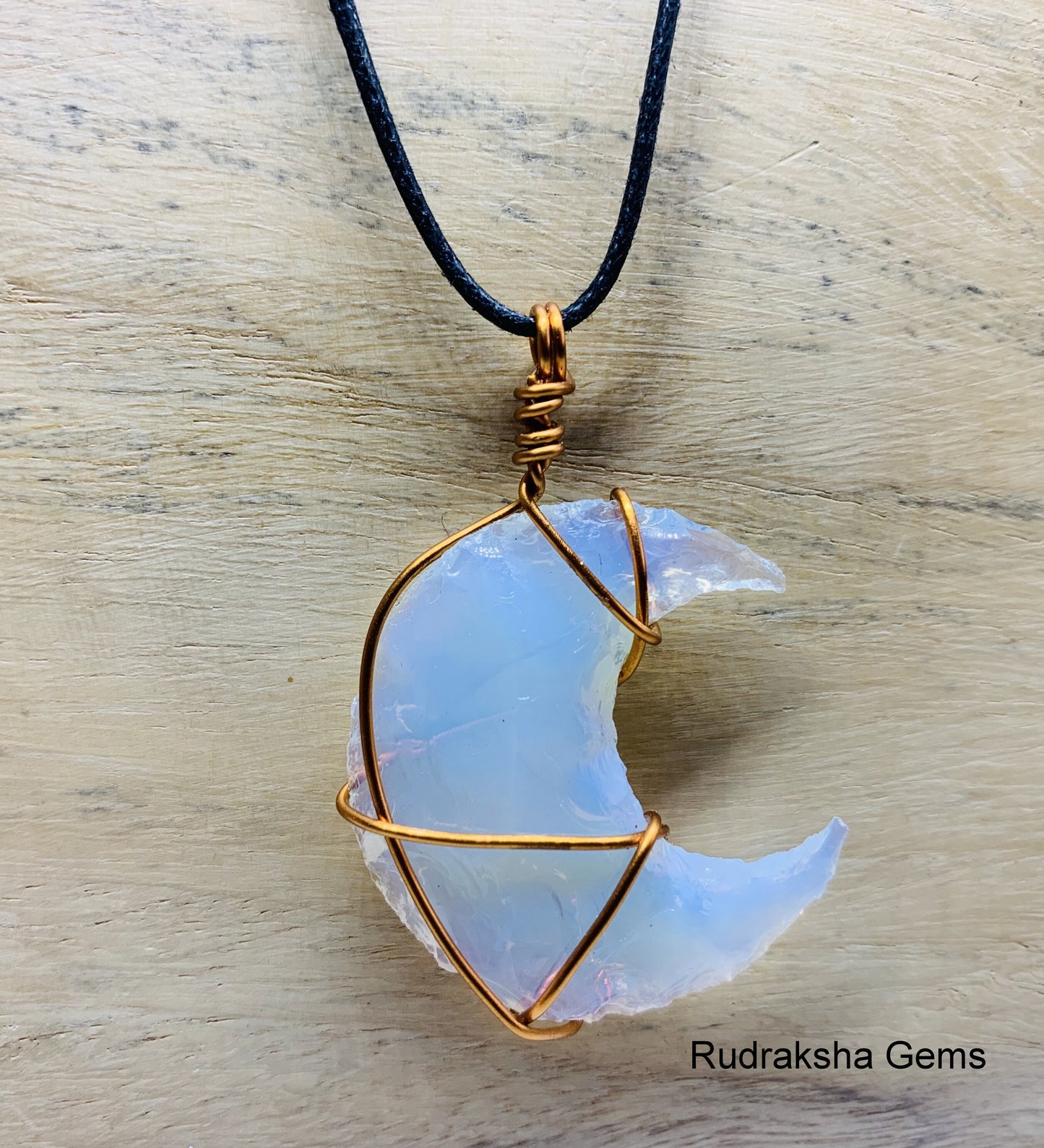 Opal Moon Pendant, Opalite Crystal, Opalite Necklace, Wire Wrapped Copper Pendant, Boho Jewelry, Reiki Energy Charged Crystal pendant