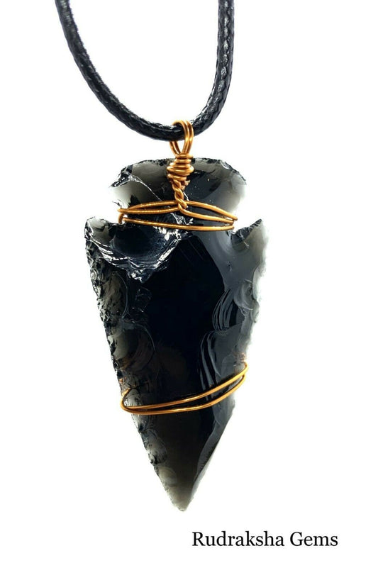 Arrow head Black Obsidian Copper Pendant Dragonglass Reiki Charged Cord Necklace, Black obsidian raw arrow head, Wire Wrapped Jewellery Gift