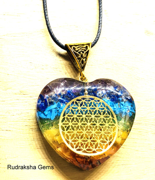 7 Chakra Heart Orgone Pendant Energized Brass Coil Chakra Crystal PENDANT With Black cord, EmF Shield OM Tree of life Flower of Life REIKI