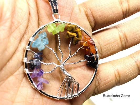 7 Chakra Tree of Life Necklace Pendant Polished Rose Quartz Amethyst Natural Crystal Buddha OM HAMZA F2lower of life