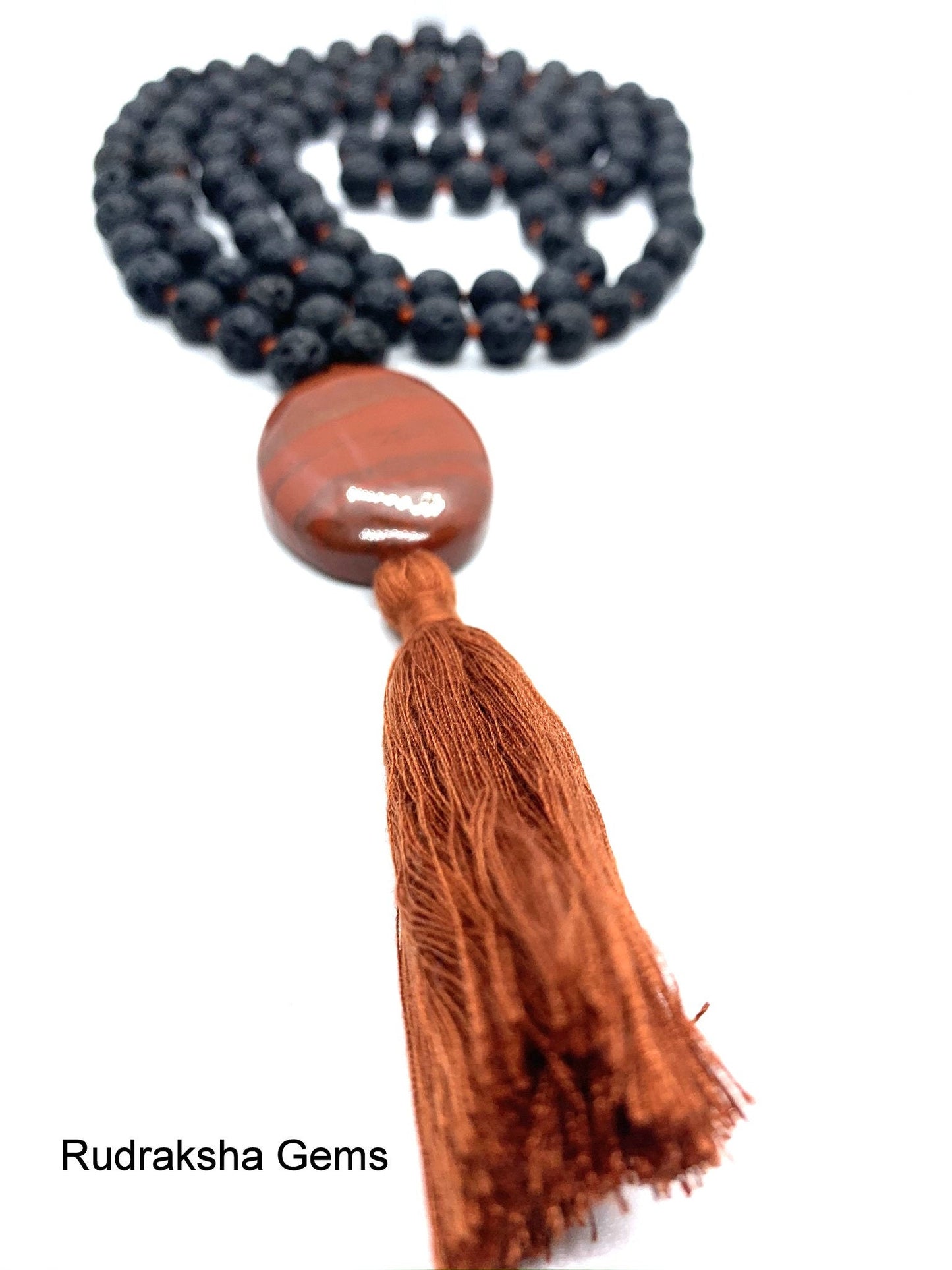 Pure Strength Lava Rock Black, Red Tassel Hand knotted Mala Necklace, Red Jasper Guru bead, Meditation and Yoga Mala, Buddhist Prayer Beads