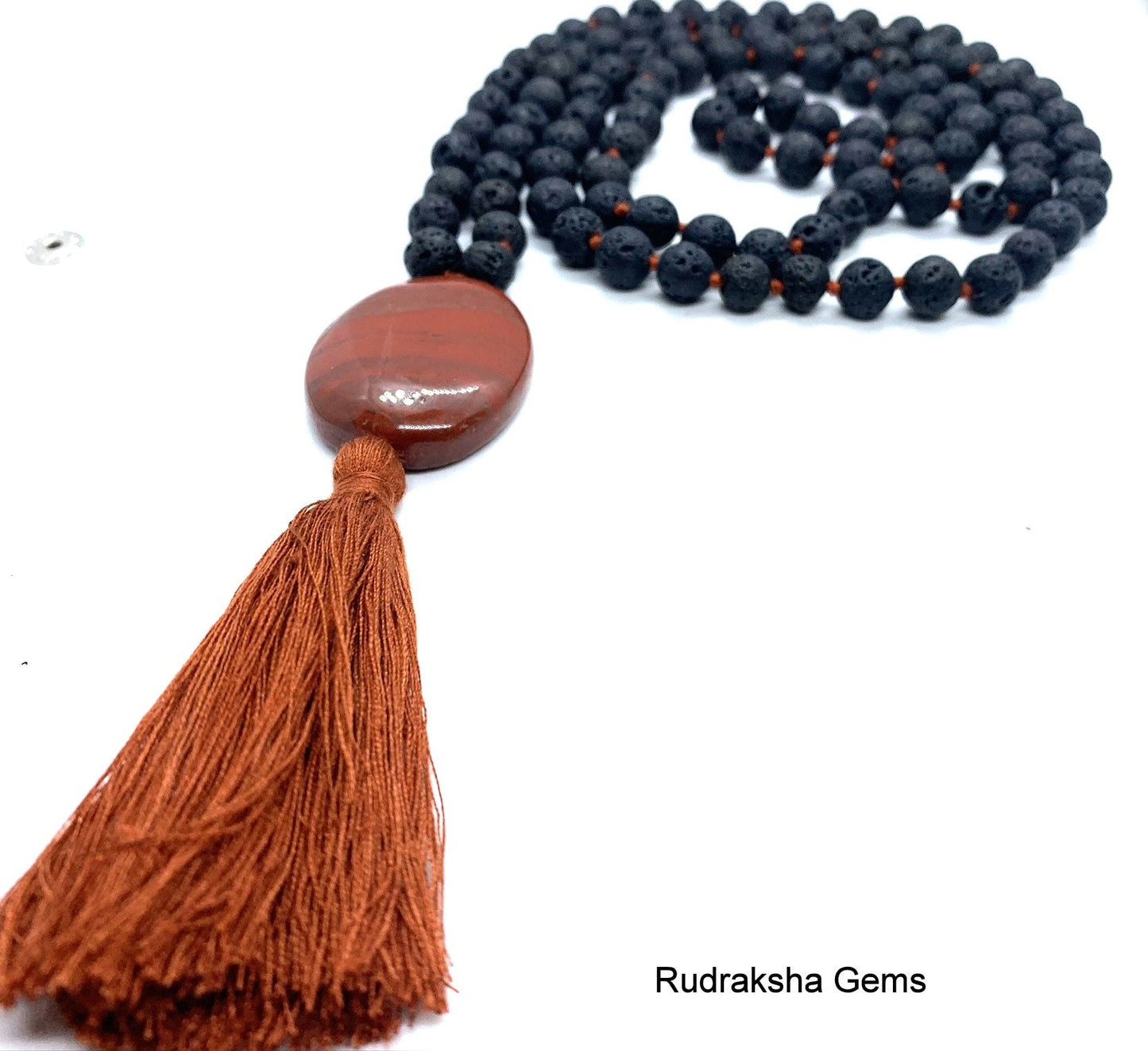 Pure Strength Lava Rock Black, Red Tassel Hand knotted Mala Necklace, Red Jasper Guru bead, Meditation and Yoga Mala, Buddhist Prayer Beads