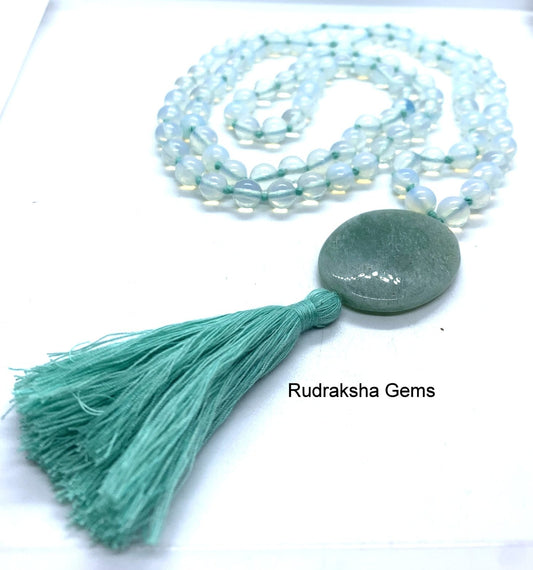 Opalite Opal Hand Knotted 108 mala beads, Green Aventurine Guru bead,Opal  Personal Power, Self-Esteem, Makes changes easier, Merchant stone