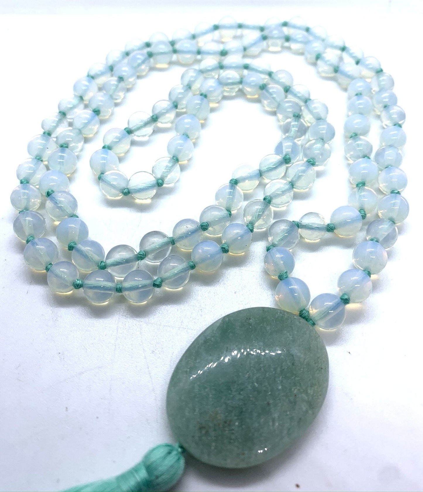 Opalite Opal Hand Knotted 108 mala beads, Green Aventurine Guru bead,Opal  Personal Power, Self-Esteem, Makes changes easier, Merchant stone