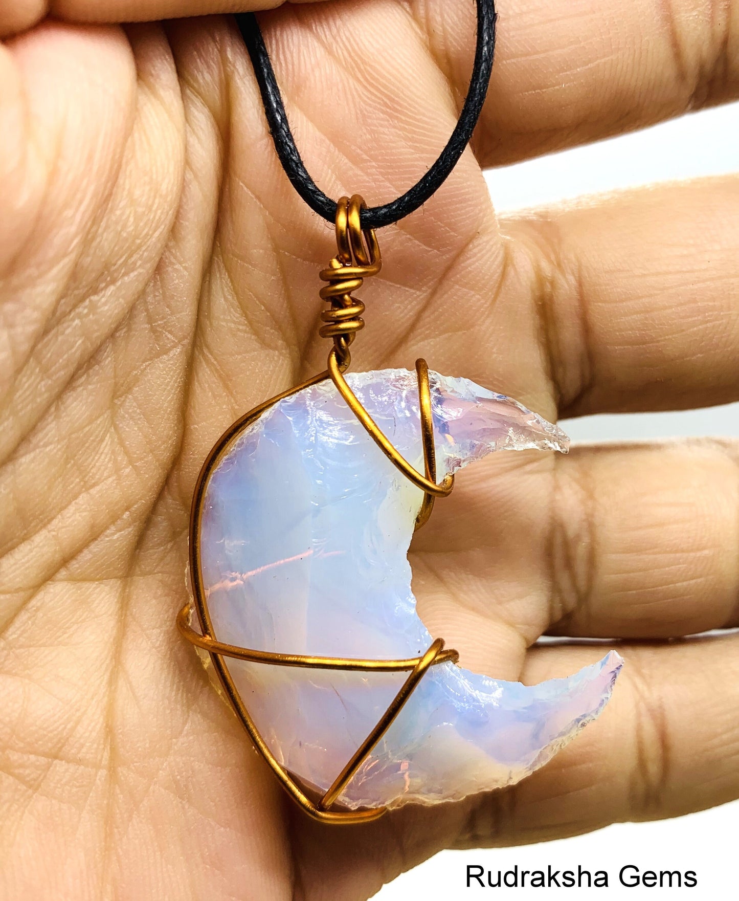Opal Moon Pendant, Opalite Crystal, Opalite Necklace, Wire Wrapped Copper Pendant, Boho Jewelry, Reiki Energy Charged Crystal pendant
