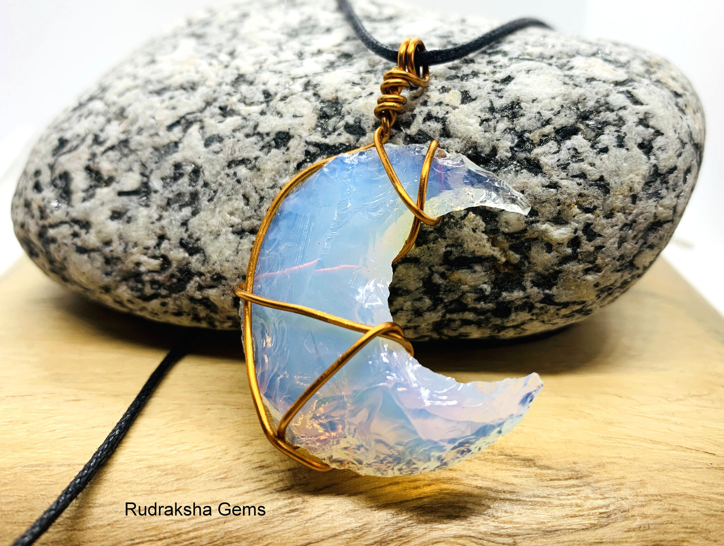 Opal Moon Pendant, Opalite Crystal, Opalite Necklace, Wire Wrapped Copper Pendant, Boho Jewelry, Reiki Energy Charged Crystal pendant