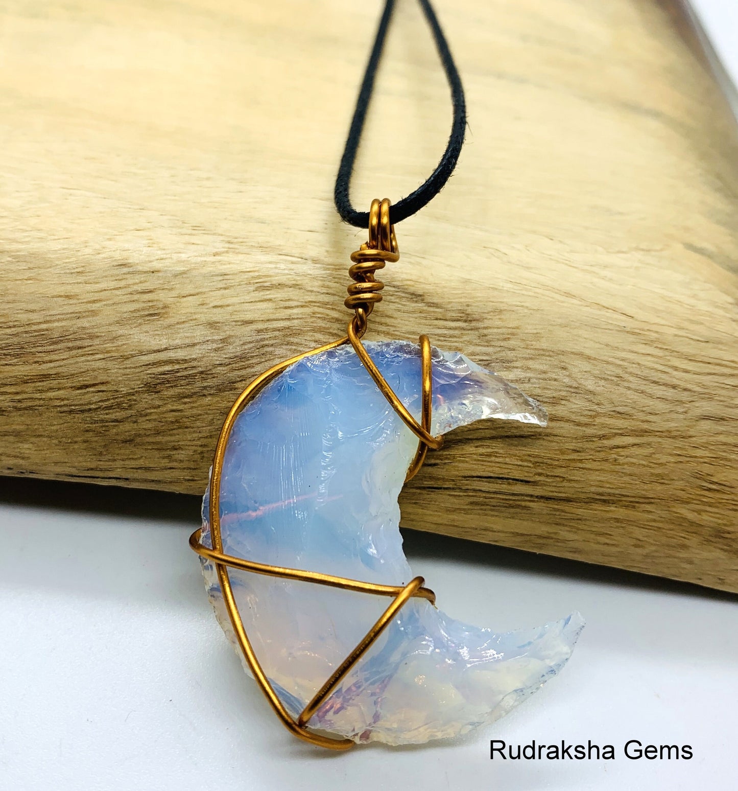 Opal Moon Pendant, Opalite Crystal, Opalite Necklace, Wire Wrapped Copper Pendant, Boho Jewelry, Reiki Energy Charged Crystal pendant