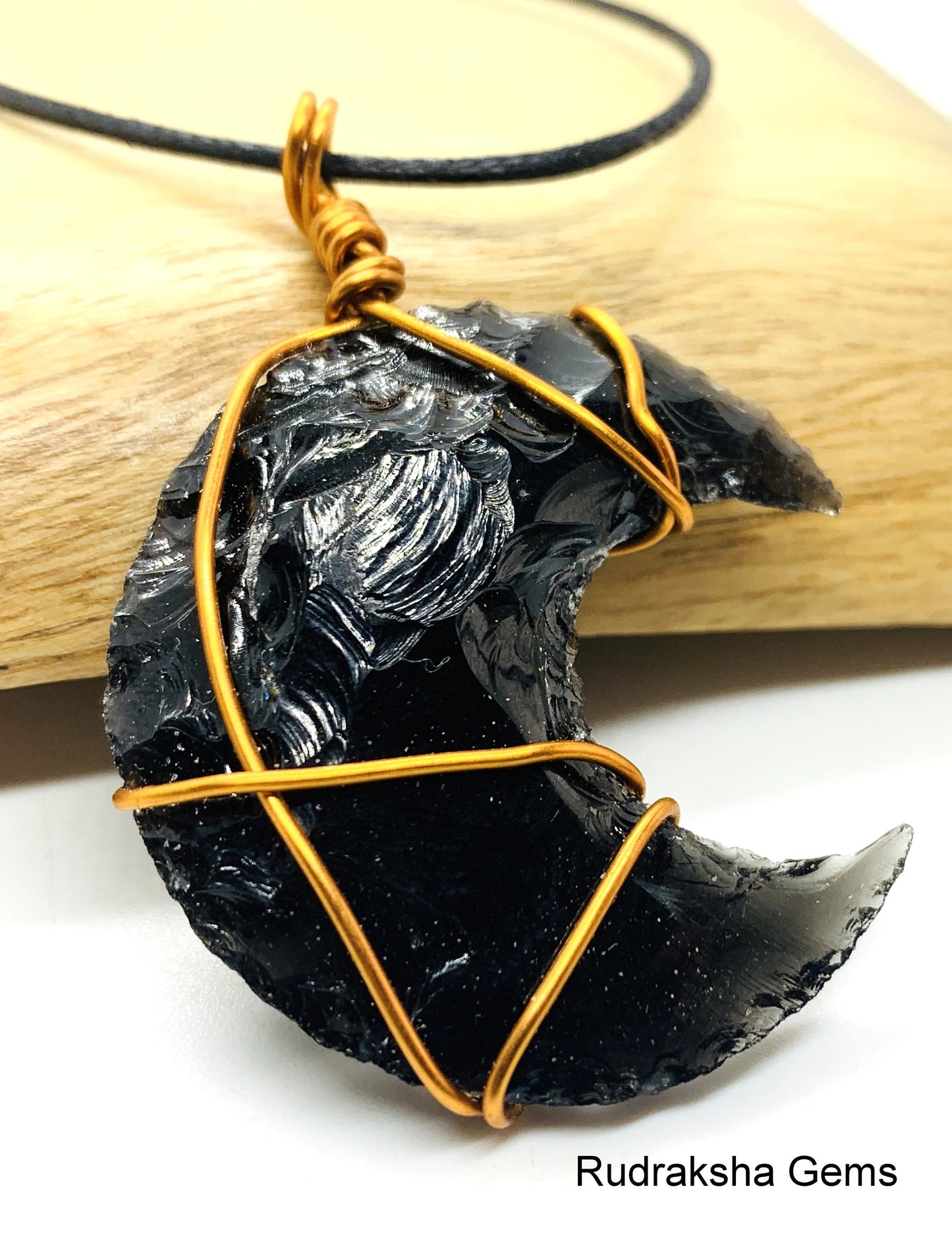 Black Obsidian Pendant, Obsidian Crystal, Protection Necklace, Wire Wrapped Copper Pendant, Boho Jewelry, Reiki Energy Charged pendant