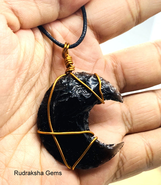 Black Obsidian Pendant, Obsidian Crystal, Protection Necklace, Wire Wrapped Copper Pendant, Boho Jewelry, Reiki Energy Charged pendant