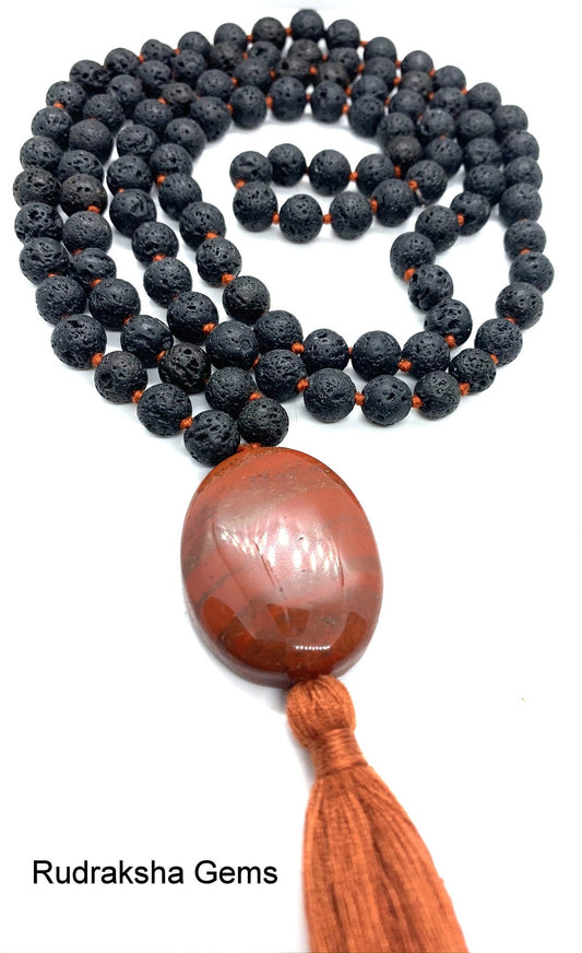 Pure Strength Lava Rock Black, Red Tassel Hand knotted Mala Necklace, Red Jasper Guru bead, Meditation and Yoga Mala, Buddhist Prayer Beads