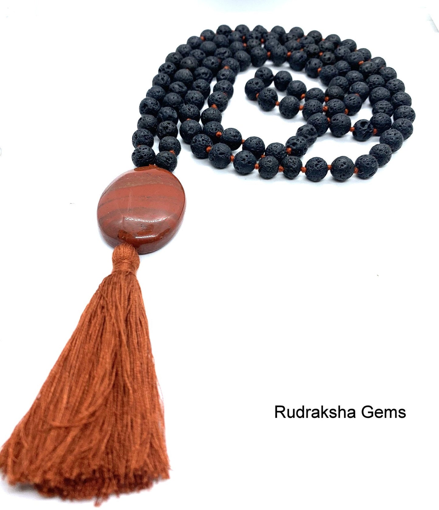 Pure Strength Lava Rock Black, Red Tassel Hand knotted Mala Necklace, Red Jasper Guru bead, Meditation and Yoga Mala, Buddhist Prayer Beads
