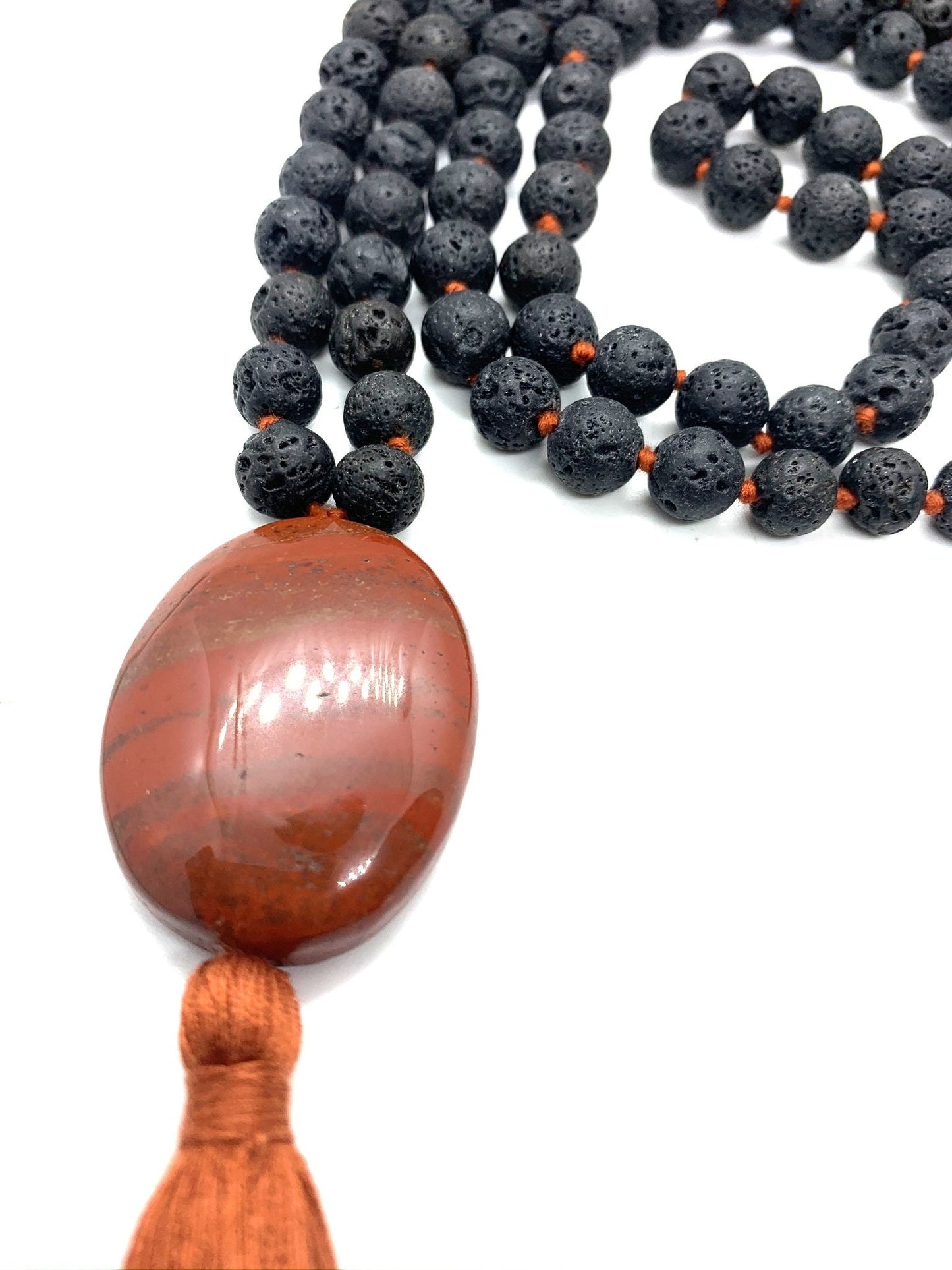 Pure Strength Lava Rock Black, Red Tassel Hand knotted Mala Necklace, Red Jasper Guru bead, Meditation and Yoga Mala, Buddhist Prayer Beads