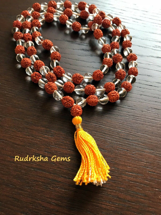 Rudraksha & Crystal Mala - rudraksha Snow Quartz Mala - Combination Rudraksha Crystal Mala - 108 Beads Mala - Tassel Mala - Prayer Beads