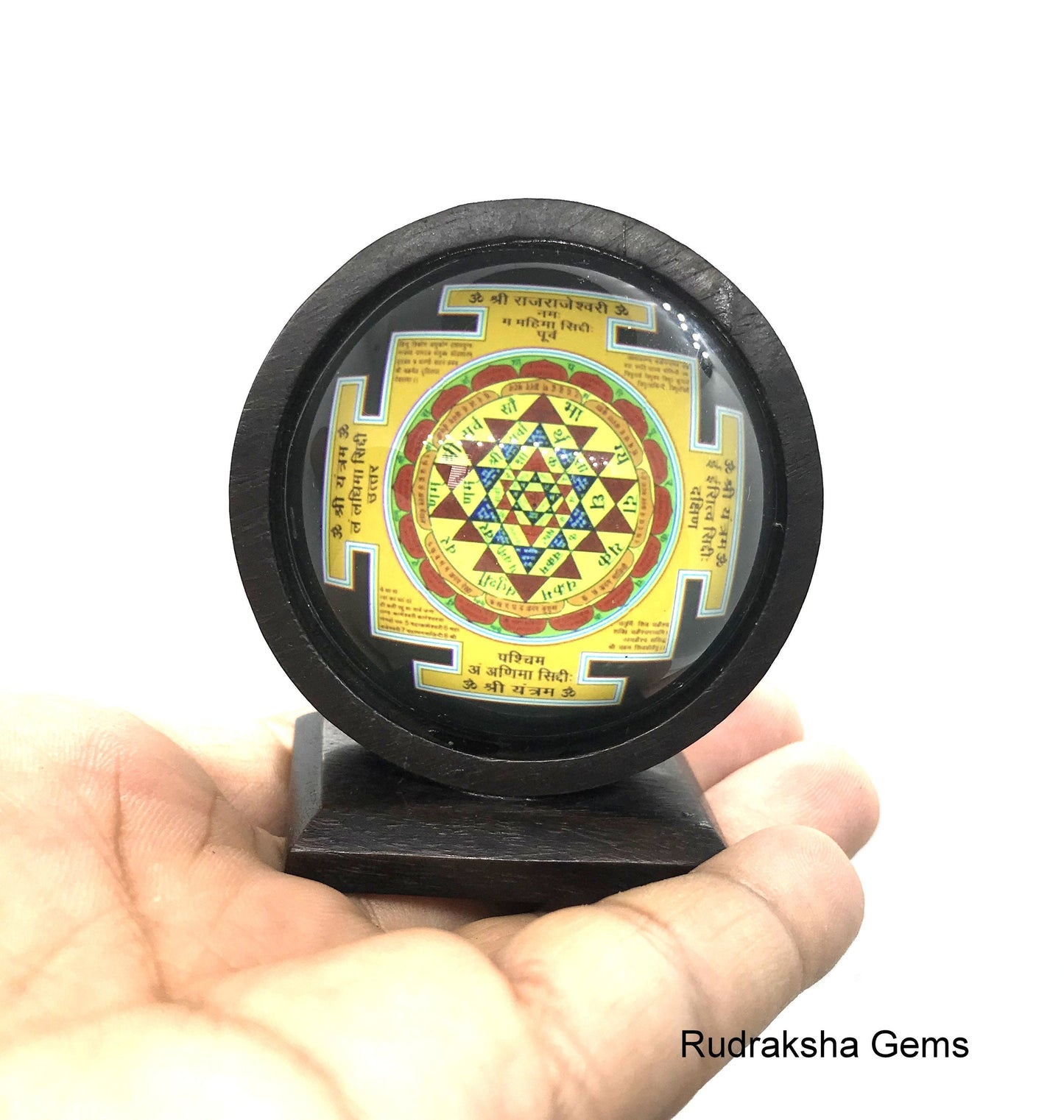 Sri shri Yantram  shree yantra round wooden base with glass top fully energized Lakshmi Hindu paper weight hand made hand painted rare
