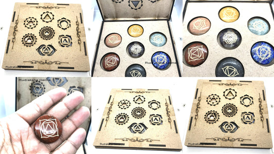 Seven Chakra Engraved Chakra symbol Disc Set, Engraved Symbol Box, 7 Chakra, Crown Throat Third eye Heart Solar Sacral Root, Pocket Stone