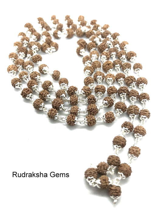 5 Mukhi Rudraksha, Indonesian Beads 925 silver cap Mala, 108 beads Rudraksh Mala Necklace, 4mm tiny rudraksha Genuine Beads wire wrapped