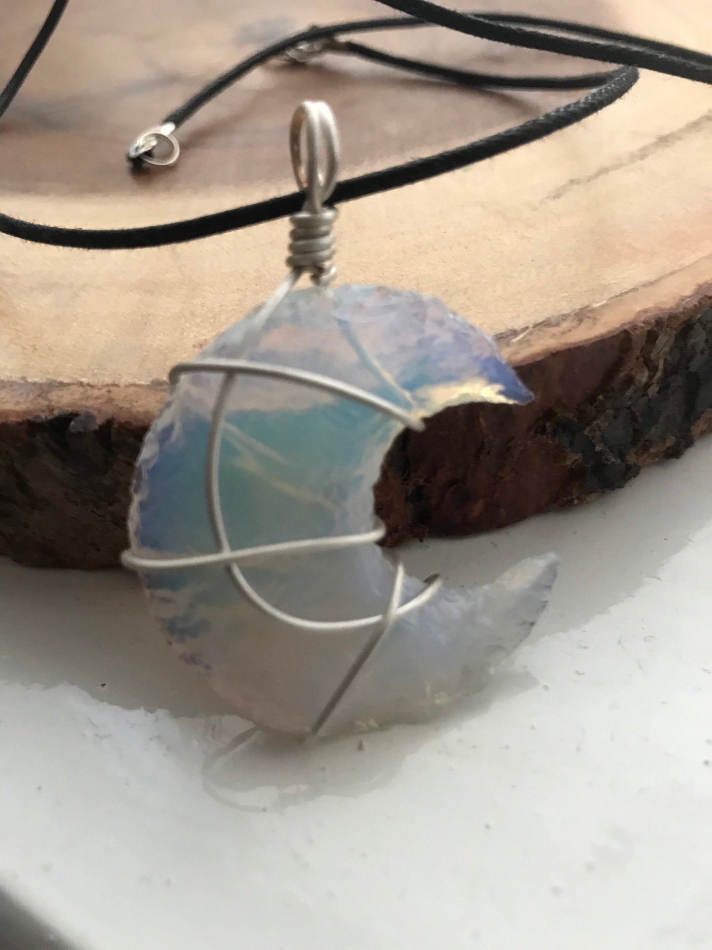 Opalite Moon Pendant, Opalite Crystal, Opalite Necklace, Wire Wrapped Pendant, Boho Jewelry, Reiki Energy Charged Crystal pendant