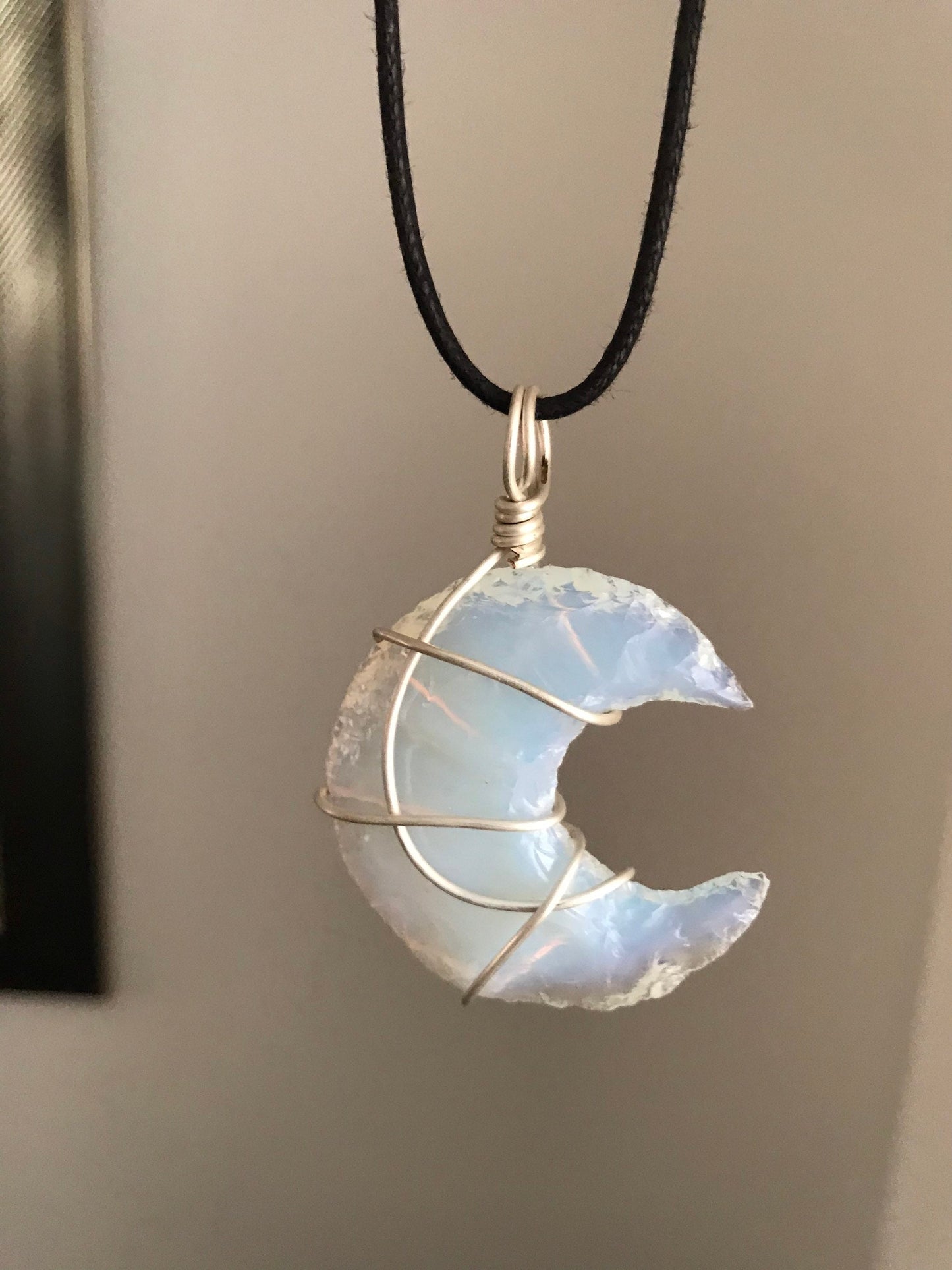 Opalite Moon Pendant, Opalite Crystal, Opalite Necklace, Wire Wrapped Pendant, Boho Jewelry, Reiki Energy Charged Crystal pendant