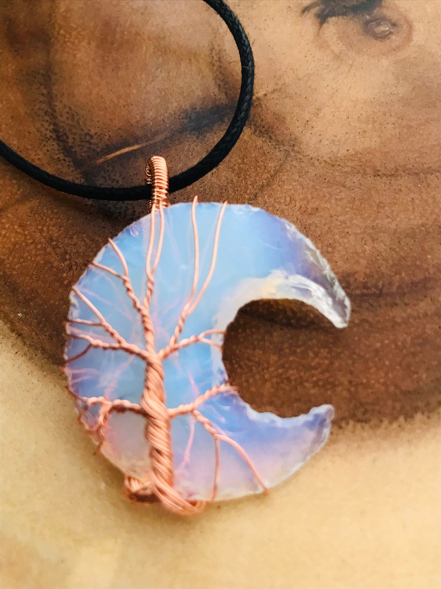 Opalite Moon Pendant, Opalite Crystal, Opalite Necklace, Wire Wrapped Copper Pendant, Boho Jewelry, Tree of life Crystal pendant