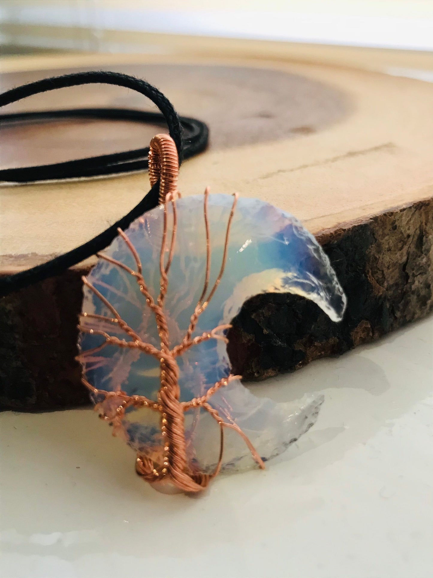 Opalite Moon Pendant, Opalite Crystal, Opalite Necklace, Wire Wrapped Copper Pendant, Boho Jewelry, Tree of life Crystal pendant