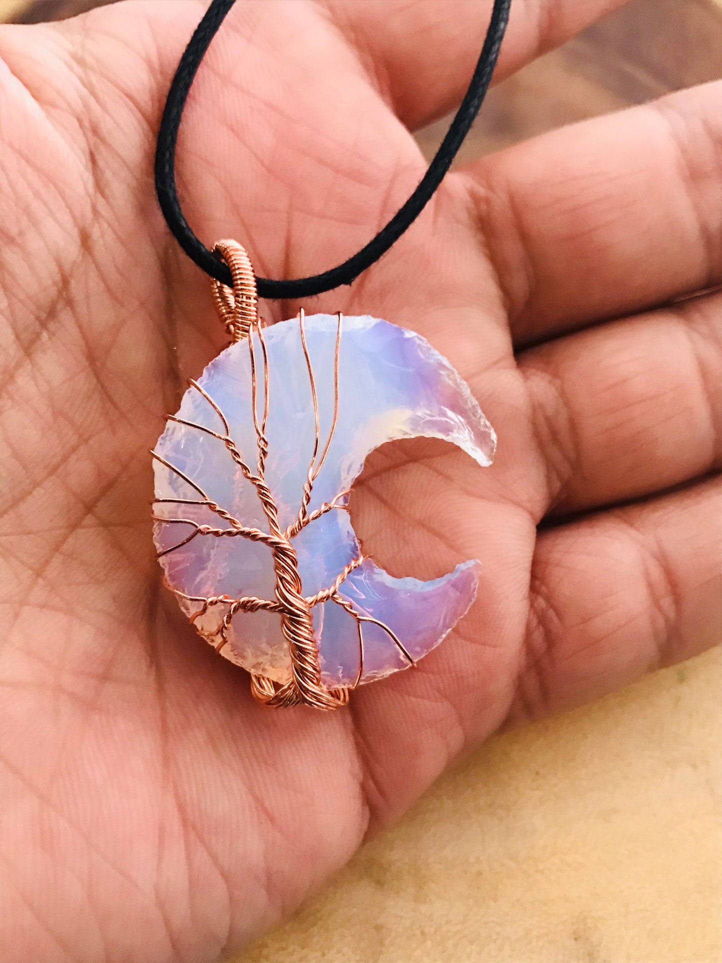 Opalite Moon Pendant, Opalite Crystal, Opalite Necklace, Wire Wrapped Copper Pendant, Boho Jewelry, Tree of life Crystal pendant